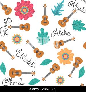 Ukulele seamless pattern, ukulele. Pattern with monstera, leaves, flowers notes inscriptions Stock Vector