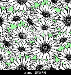 seamless pattern of large black and white flowers on a green background, texture, design Stock Photo