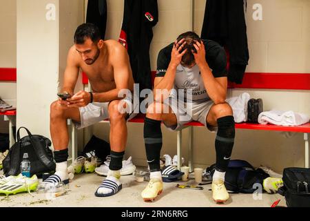 BERGEN - Pantelis Hatzidiakos of AZ Alkmaar celebrates victory during the UEFA Conference League play-offs match between SK Brann and AZ Alkmaar at Brann stadium on August 31, 2023 in Bergen, Norway. ANP ED VAN DE POL Stock Photo