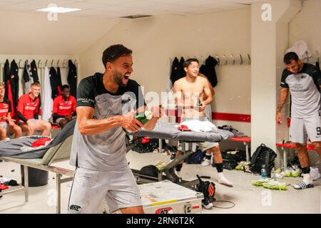 BERGEN - Pantelis Hatzidiakos of AZ Alkmaar celebrates victory during the UEFA Conference League play-offs match between SK Brann and AZ Alkmaar at Brann stadium on August 31, 2023 in Bergen, Norway. ANP ED VAN DE POL Stock Photo