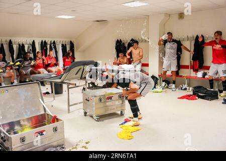 BERGEN - Pantelis Hatzidiakos of AZ Alkmaar celebrates victory during the UEFA Conference League play-offs match between SK Brann and AZ Alkmaar at Brann stadium on August 31, 2023 in Bergen, Norway. ANP ED VAN DE POL Stock Photo