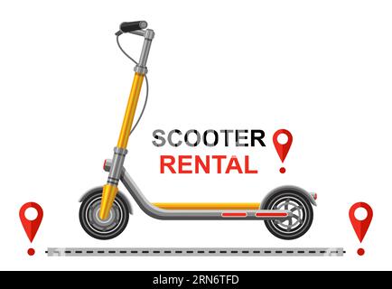 Electric kick scooter rental, e-scooter sharing service icon. Electro motor bike rent. Online city road transport GPS route location tracking. Vector Stock Vector