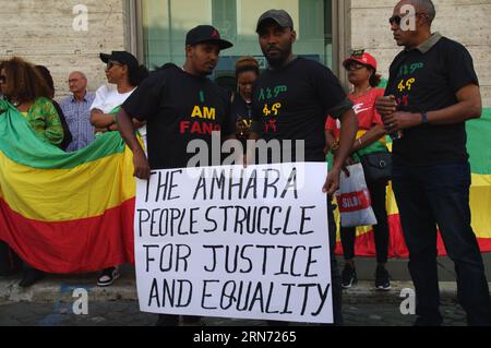 Rome, Italy. 31st Aug, 2023. Activists protest against the ongoing genocide in Amhara region of Ethiopia, Rome, Italy, on August 31 2023. Activists denounce the massive killings of Amhara people, including children and whole families. (Photo by Elisa Gestri/Sipa USA) Credit: Sipa USA/Alamy Live News Stock Photo