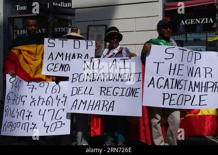 Rome, Italy. 31st Aug, 2023. Activists protest against the ongoing genocide in Amhara region of Ethiopia, Rome, Italy, on August 31 2023. Activists denounce the massive killings of Amhara people, including children and whole families. (Photo by Elisa Gestri/Sipa USA) Credit: Sipa USA/Alamy Live News Stock Photo