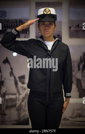 (150819) -- MEXICO CITY, Aug. 18, 2015 -- Cadet Maria Fernanda Butron Aldana poses for a picture after an interview with Xinhua, at a naval facility in Mexico City, capital of Mexico, Aug. 18, 2015. Mexico will send a delegation to attend the military parade due to be held in Beijing, capital of China, on Sept. 3 to mark the 70th anniversary of the victory of the Chinese People s War of Resistance Against Japanese Aggressions and the World Anti-Fascist War. ) MEXICO-CHINA S MILITARY PARADE-PARTICIPATION PedroxMera PUBLICATIONxNOTxINxCHN   150819 Mexico City Aug 18 2015 Cadet Mary Fernanda Butr Stock Photo