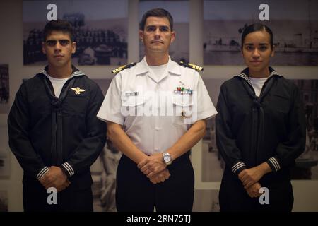 (150819) -- MEXICO CITY, Aug. 18, 2015 -- Commander Jose Carlos Luna Loaeza (C), cadets Maria Fernanda Butron Aldana (R) and Cesar Luis Valerio Cazarin pose for a picture after an interview with Xinhua, at a naval facility in Mexico City, capital of Mexico, Aug. 18, 2015. Mexico will send a delegation to attend the military parade due to be held in Beijing, capital of China, on Sept. 3 to mark the 70th anniversary of the victory of the Chinese People s War of Resistance Against Japanese Aggressions and the World Anti-Fascist War. ) MEXICO-CHINA S MILITARY PARADE-PARTICIPATION PedroxMera PUBLIC Stock Photo