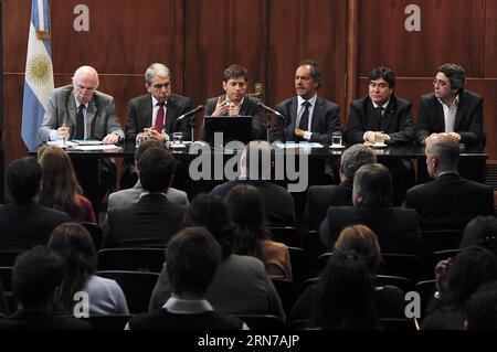 (150831) -- BUENOS AIRES, Aug. 31, 2015 -- Argentina s Economic Minister, Axel Kicillof (3rd L), Buenos Aires Governor Daniel Scioli (3rd R), the Chief of Cabinet Anibal Fernandez (2nd L) and the Technical and Legal Secretary Carlos Zannini (2nd R) participate in an official event in Buenos Aires, Argentina, on Aug. 31, 2015. The Economy minister of Argentina Axel Kicillof announced on Monday an economic aid for more than 60 localities affected by flooding. Tito La Penna/) (rtg) ARGENTINA-BUENOS AIRES-ECONOMY-CONFERENCE TELAM PUBLICATIONxNOTxINxCHN   150831 Buenos Aires Aug 31 2015 Argentina S Stock Photo