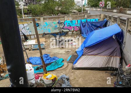 homeless encampments under a bridge in downtown Portland Oregon Stock Photo