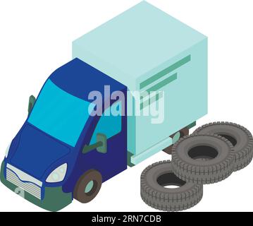Tire fitting icon isometric vector. Several new automobile tire and delivery van. Auto service, car workshop Stock Vector