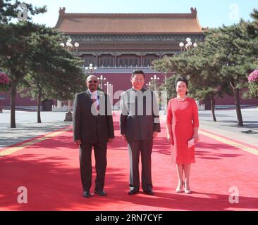 150903 -- BEIJING, Sept. 3, 2015 -- Chinese President Xi Jinping C and his wife Peng Liyuan R pose for a group photo with President Omar Hassan Ahmad al-Bashir of Sudan, ahead of the commemoration activities to mark the 70th anniversary of the Chinese People s War of Resistance Against Japanese Aggression and the World Anti-Fascist War, in Beijing, capital of China, Sept. 3, 2015.  mcg CHINA-BEIJING-V-DAY PARADE-XI JINPING CN DingxLin PUBLICATIONxNOTxINxCHN Stock Photo
