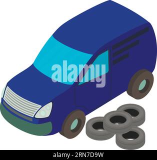 Auto service icon isometric vector. Several new automobile tire near blue car. Tire fitting, car service Stock Vector