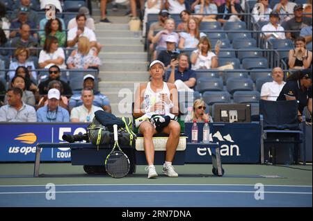 New York, USA. 31st Aug, 2023. Belgium's Yanina Wichmayer pauses between points while playing against Madison Keys of the United States during the Women's Single Round 2, during the 2023 US Open tennis tournament, at the USTA Billie Jean King National Tennis Center, Flushing Corona Park, New York, NY, August 31, 2023. Keys defeated Wickmayer in straight sets. (Photo by Anthony Behar/Sipa USA)Yanina Credit: Sipa USA/Alamy Live News Stock Photo