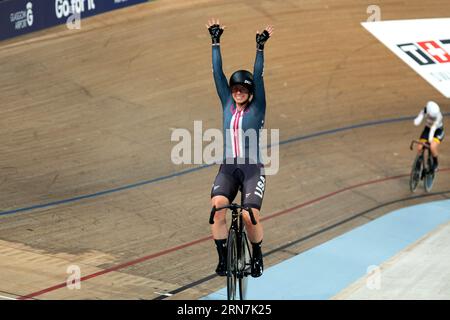 Jennifer Valente of the USA celebrates after winning the world championship in the Women's Omnium, UCI Track Cycling World Championships Stock Photo