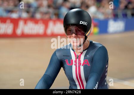 Jennifer Valente of the USA celebrates after winning the world championship in the Women's Omnium, UCI Track Cycling World Championships Stock Photo