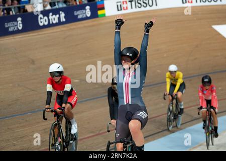 Jennifer Valente of the USA celebrates after winning the world championship in the Women's Omnium, UCI Track Cycling World Championships Stock Photo