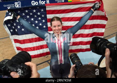 Jennifer Valente of the USA celebrates with the flag after winning the world championship in the Women's Omnium, UCI Track Cycling World Championships Stock Photo