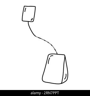Simple tea bag with label, doodle style flat vector outline illustration for kids coloring book Stock Vector