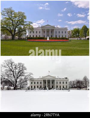 (150921) -- WASHINGTON D.C. -- The combined photos show the view of the White House in Washington D.C., capital of the United States on April 23 (upper) and on March 17, 2014. Named in honor of first American President George Washington, Washington D.C. or Washington District of Columbia is the capital of the United States that is located between Maryland and Virginia states. The U.S. Constitution provided for a federal district under the exclusive jurisdiction of the Congress and the District is therefore not a part of any U.S. state. Washington D.C. has an estimated population of 660,000. Wa Stock Photo