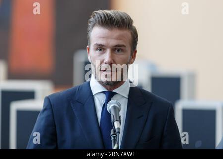 (150924) -- NEW YORK, Sept. 24, 2015 -- English soccer star and United Nations Children s Fund(UNICEF) goodwill ambassador David Beckham speaks during a press conference unveiling a digital installation created for UNICEF by Google, using mobile technology and social media to deliver messages of children from across the globe at the United Nations headquarters in New York, Sept. 24, 2015. ) UN-NEW YORK-UNICEF-DAVID BECKHAM LixMuzi PUBLICATIONxNOTxINxCHN   New York Sept 24 2015 English Soccer Star and United Nations Children S Fund Unicef Goodwill Ambassador David Beckham Speaks during a Press Stock Photo