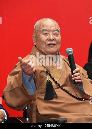 (151012) -- NANJING, Oct. 12, 2015 -- Master Hsing Yun, founder of the influential Fo Guang Shan Monastery in southeast China s Taiwan, speaks during the launching ceremony of an academy built for Chinese art research in a campus of Nanjing University in Nanjing, capital of east China s Jiangsu Province, Oct. 12, 2015. The academy building is named after Hsing Yun for his devotion in 2010 to the project. Located inside the building, the Li Chimao Art Museum was officially opened on Monday. ) (yxb) CHINA-NANJING-NEW COLLEGE BUILDING (CN) SunxCan PUBLICATIONxNOTxINxCHN   151012 Nanjing OCT 12 20 Stock Photo