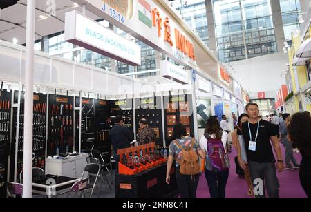 (151016) -- GUANGZHOU, Oct. 16, 2015 -- Visitors are seen at the India booth during the China Import and Export Fair, or the Canton Fair, in Guangzhou, capital of south China s Guangdong Province, Oct. 16, 2015. A total of 353 enterprises from countries and regions along the Belt and Road participated the current Canton Fair held in Guangzhou, which took nearly 60 percent of all exhibitors. The Belt and Road initiative, standing for the Silk Road Economic Belt and the 21st Century Maritime Silk Road, was unveiled by Chinese President Xi Jinping in 2013. It brings together countries in Asia, Eu Stock Photo