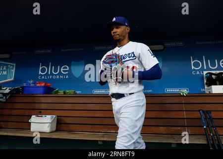 Los Angeles Dodgers second basemen Mookie Betts (50) in the dugout prior to a regular season game between the Arizona Diamondbacks and Los Angeles Dod Stock Photo