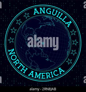 ANGUILLA round sign. Futuristic satelite view of the world centered to ANGUILLA. Geographical badge with map, round text and binary background. Creati Stock Vector