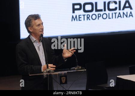 BUENOS AIRES, Oct. 28, 2015 -- Argentina s presidential candidate Mauricio Macri of the conservative Cambiemos, delivers a speech during the celebration of the 7th anniversary of the Metropolitan Police, at Usina del Arte in Buenos Aires, Argentina, Oct. 28, 2015. According to the local press, Macri said on Wednesday that the Metropolitan Police will soon take over part of the Federal Police, and if he wins the runoff on Nov. 22, he will boost the transfer of the Federal Police to the Buenos Aires city. Victoria Egurza/TELAM) (fnc) (ah) ARGENTINA-BUENOS AIRES-POLITICS-MACRI e TELAM PUBLICATION Stock Photo