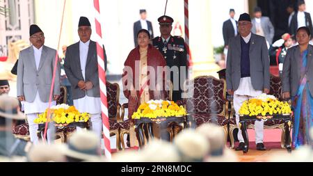 (151029) -- KATHMANDU, Oct. 29, 2015 -- Bidhya Devi Bhandari (3rd L), Nepal s newly-elected president, attends the oath-taking ceremony in Kathmandu, Nepal, on Oct. 29, 2015. Nepal s parliament on Wednesday elected Bidhya Devi Bhandari, vice chairperson of the Communist Party of Nepal (Unified Marxist-Leninist) as the country s first female president. ) NEPAL-KATHMANDU-PRESIDENT-OATH-TAKING CEREMONY SunilxSharma PUBLICATIONxNOTxINxCHN   Kathmandu OCT 29 2015  Devi Bhandari 3rd l Nepal S newly Elected President Attends The OATH Taking Ceremony in Kathmandu Nepal ON OCT 29 2015 Nepal S Parliamen Stock Photo