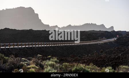 The lava fields of Las Canadas caldera of Teide volcano and TF-38 road. Tenerife. Canary Islands. Spain. Stock Photo