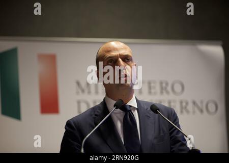 (151114) -- ROME, Nov. 14, 2015 -- Italian Interior Minister Angelino Alfano speaks during a press conference after a special meeting in Rome, Italy, Nov. 14, 2015. Following the deadly terror attacks in Paris, the Italian government has raised alert level to two, meaning that special military forces are ready to immediately intervene at need, according to Alfano. ) (zjy) ITALY-ROME-ALERT LEVEL-RAISE JinxYu PUBLICATIONxNOTxINxCHN Terroranschläge in Paris - Italien erhöht Sicherheitsstufe   151114 Rome Nov 14 2015 Italian Interior Ministers Angelino Alfano Speaks during a Press Conference After Stock Photo