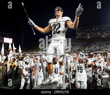 KALAMAZOO, MI - AUGUST 31: A MAC conference replay operator plays air  guitar during the college football game between the Saint Francis Red Flash  and Western Michigan Broncos on August 31, 2023