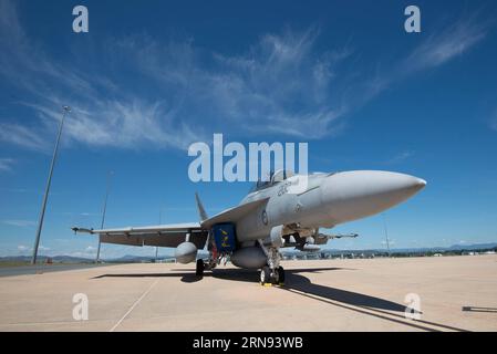 (151117) -- CANBERRA, Nov. 17, 2015 -- Photo taken on Nov. 17, 2015 shows a F/A-18F Super Hornet on the air force base of Australia capital territory to commemorate the anniversary of the Royal Australian Air Force in Canberra, Australia. ) AUSTRALIA-CANBERRA-AIR FORCE-ANNIVERSARY JustinxQian PUBLICATIONxNOTxINxCHN   Canberra Nov 17 2015 Photo Taken ON Nov 17 2015 Shows a F a 18F Super Hornet ON The Air Force Base of Australia Capital Territory to commemorate The Anniversary of The Royal Australian Air Force in Canberra Australia Australia Canberra Air Force Anniversary JustinxQian PUBLICATION Stock Photo
