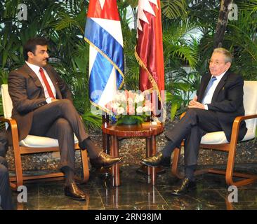 Cuban President Raul Castro (R) meets with Emir of Qatar Sheik Tamim bin Hamad Al-Thani in Havana Nov. 23, 2015. Miguel Guzman Ruiz/Prensa Latina) (da) (sp) CUBA-HAVANA-QATARI EMIR-VISIT e PRENSAxLATINA PUBLICATIONxNOTxINxCHN   Cuban President Raul Castro r Meets With Emir of Qatar Sheik Tamim am Hamad Al Thani in Havana Nov 23 2015 Miguel Guzman Ruiz Prensa Latina there SP Cuba Havana Qatari Emir Visit e PRENSAxLATINA PUBLICATIONxNOTxINxCHN Stock Photo