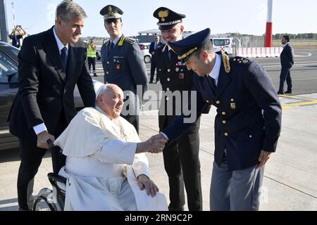 Rome, Italy. 31st Aug, 2023. Pope Francis departs from Rome, Italy aboard the papal plane on August 31, 2023 for a 4-day visit to Mongolia. Photo by (EV) Vatican Media/ABACAPRESS.COM Credit: Abaca Press/Alamy Live News Stock Photo