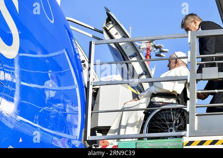 Rome, Italy. 31st Aug, 2023. Pope Francis departs from Rome, Italy aboard the papal plane on August 31, 2023 for a 4-day visit to Mongolia. Photo by (EV) Vatican Media/ABACAPRESS.COM Credit: Abaca Press/Alamy Live News Stock Photo