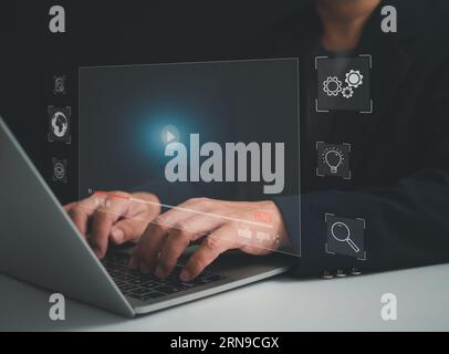 Business people are using computers to learning online with webinar, video tutorial, internet lessons, webinar, education online concept, video tutori Stock Photo