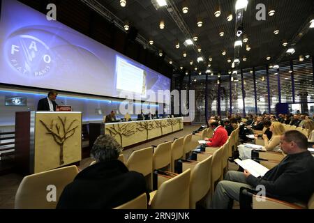 (151209) -- ROME, Dec. 9, 2015 -- FAO Assistant Director-General and Coordinator for Economic and Social Development (1st, L) Jomo Kwame Sundaram speaks at a press conference for the release of the State of Agricultural Commodity Markets (SOCO) 2015-2016 in Rome, Italy, on Dec. 9, 2015. The Rome-based United Nations Food and Agriculture Organization (FAO) published The State of Agricultural Commodity Markets (SOCO) 2015-2016 on Wednesday, calling for a pragmatic approach that would align agricultural and trade policies to better achieve food security. ) ITALY-ROME-FAO-REPORT LuoxNa PUBLICATION Stock Photo