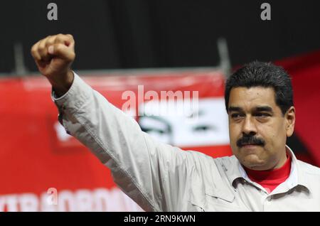CARACAS, Dec. 10, 2015 -- Venezuelan President Nicolas Maduro reacts during the extraordinary plenary of the 3rd congress of the United Socialist Party of Venezuela in Caracas Dec. 10, 2015. Prensa Presidencial/AVN) (vf) (sp) VENEZUELA-CARACAS-PRESIDENT-PARTY MEETING e AVN PUBLICATIONxNOTxINxCHN   Caracas DEC 10 2015 Venezuelan President Nicolas Maduro reacts during The Extraordinary Plenary of The 3rd Congress of The United Socialist Party of Venezuela in Caracas DEC 10 2015 Prensa presidencial AVN VF SP Venezuela Caracas President Party Meeting e AVN PUBLICATIONxNOTxINxCHN Stock Photo