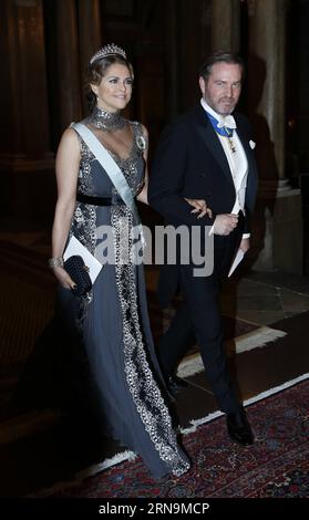 (151211) -- STOCKHOLM, Dec. 11, 2015 -- Sweden s Princess Madeleine and her husband Christopher O Neill attend the royal banquet for Nobel laureates at Royal Palace in Stockholm, Sweden, Dec. 11, 2015. ) SWEDEN-STOCKHOLM-NOBEL-PRIZE-ROYAL-BANQUET YexPingfan PUBLICATIONxNOTxINxCHN   151211 Stockholm DEC 11 2015 Sweden S Princess Madeleine and her Husband Christopher O Neill attend The Royal Banquet for Nobel Laureates AT Royal Palace in Stockholm Sweden DEC 11 2015 Sweden Stockholm Nobel Prize Royal Banquet YexPingfan PUBLICATIONxNOTxINxCHN Stock Photo