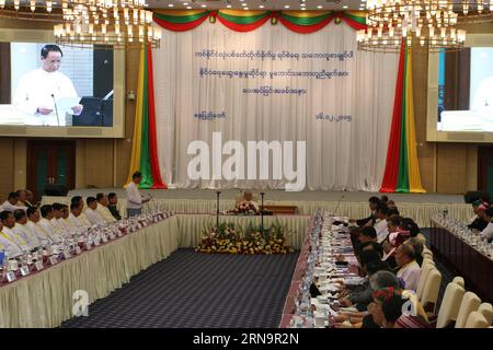 (151216) -- NAY PYI TAW, Dec. 16, 2015 -- Photo taken on Dec. 16, 2015 shows a scene of the submitting ceremony of the finalized political dialogue framework in Nay Pyi Taw, capital of Myanmar. A finalized political dialogue framework was submitted to Myanmar s President U Thein Sein on Wednesday. A tripartite Union Peace Dialogue Joint Committee (UPDJC) approved the draft framework for holding political dialogue between the government and ethnic armed groups in Nay Pyi Taw on Tuesday. ) MYANMAR-NAY PYI TAW-FRAMEWORK-SUBMISSION CEREMONY UxSoe PUBLICATIONxNOTxINxCHN   151216 Nay Pyi Taw DEC 16 Stock Photo