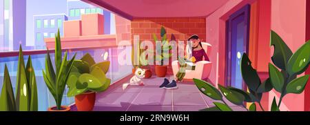 Girl on open balcony sitting and writing diary cartoon background. Brick wall on terrace interior with skyscraper building cityscape with female chara Stock Vector