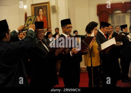 (151221) -- JAKARTA, Dec. 21, 2015 -- Indonesia s Corruption Eradication Commision (KPK) new leaders Agus Raharjo (2nd L), Laode Muhammad Syarif (3rd L) and Basaria Panjaitan (4th L) attend an inauguration at the Presidential Palace in Jakarta, Indonesia, Dec. 21, 2015. Indonesia s House Commission III on Thursday voted for a new KPK leadership for a greater focus on corruption prevention. ) INDONESIA-JAKARTA-KPK-NEW LEADERSHIP-INAUGURATION AgungxKuncahyaxB. PUBLICATIONxNOTxINxCHN   151221 Jakarta DEC 21 2015 Indonesia S Corruption Eradication Commission KPK New Leaders Agus  2nd l  Muhammad S Stock Photo