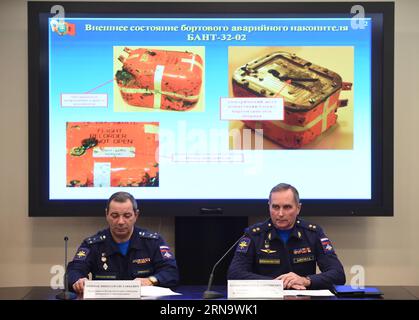 (151221) -- MOSCOW, Dec. 21, 2015 -- Representative of Russia Aeronautical Accident Committee Nikolai Primak (L) and deputy chief of the Russian Armed Forces flight safety service Sergei Bajnetov attend a press conference in Moscow, Russia, on Dec. 21, 2015. It is currently impossible to decipher the flight recorder of Russia s Su-24 fighter jet downed by Turkey as the microchips have been damaged, Russian Defense Ministry said Monday. ) RUSSIA-MOSCOW-BLACK BOX-SU-24 DaixTianfang PUBLICATIONxNOTxINxCHN   151221 Moscow DEC 21 2015 Representative of Russia Aeronautical accident Committee Nikolai Stock Photo