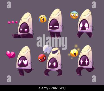 Cartoon set of robot emotions. Vector illustration of pensive, crying, sad, scared, angry, surprised, in love chatbot sitting, standing and running is Stock Vector