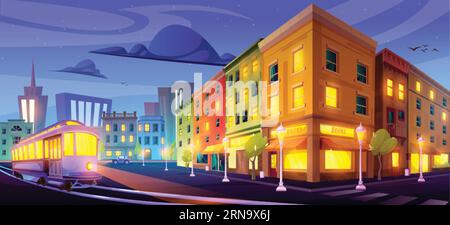 Night city street cartoon vector shop building with urban skyscraper view. Isometric apartment illustration near tram in town with nobody in evening. Stock Vector