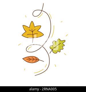 Autumn leaves swirl in the wind. Change of season. Maple, oak and willow leaves. Colorful vector isolated illustration hand drawn doodle. Fall print o Stock Vector
