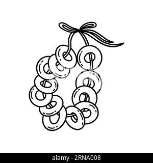 Bunch of Russian bagels on a rope. Round sushki, bubliki or baranki, traditional Russian cuisine, pastries. Black and white vector isolated illustrati Stock Vector