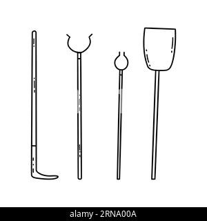 Kitchen utensils for the Russian stove in village. Fork and poker, wooden shovel. Tools for use. Old traditional Russian culture. Black and white vect Stock Vector