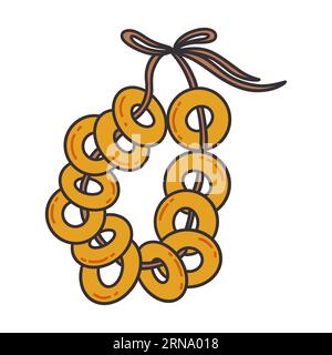 Bunch of Russian bagels on a rope. Round sushki, bubliki or baranki, traditional Russian cuisine, pastries. Colorful vector isolated illustration hand Stock Vector
